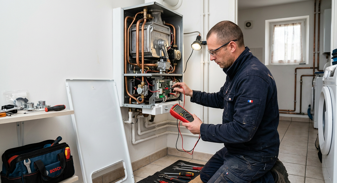 Chauffagiste réparant une chaudière gaz murale à Élancourt