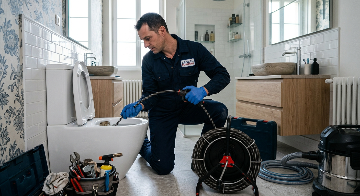Plombier débouchant des WC avec un furet électrique à Élancourt