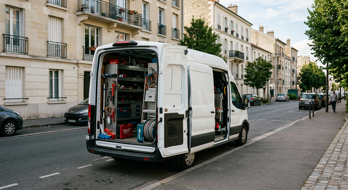 Camionnette plombier Ateliers Plombier Élancourt en intervention dans les Yvelines